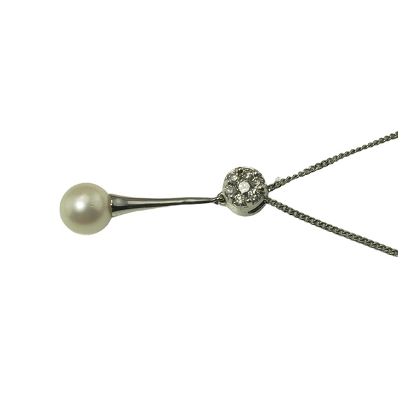 Vintage 14 Karat White Gold Pearl and Diamond Pendant Necklace #13088 - Picture 2 of 6